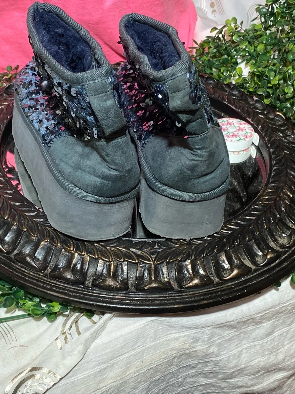 Shoe Dazzle Navy Sequin Platform Ankle Boots
